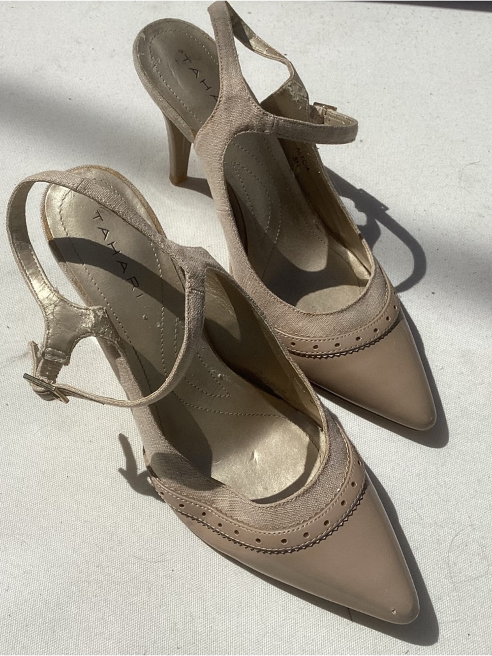 Tamari size 8 Pointed Toe Slingback Heels in Taupe